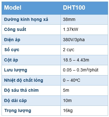 Thông số kỹ thuật máy bơm chìm nước thải Pentax DHT100