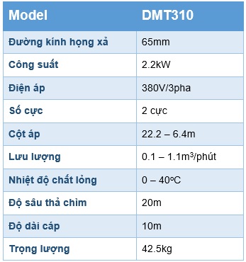 Thông số kỹ thuật bơm chìm nước thải công nghiệp Pentax DMT310