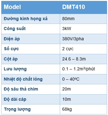 Thông số kỹ thuật bơm chìm nước thải công nghiệp Pentax DMT410
