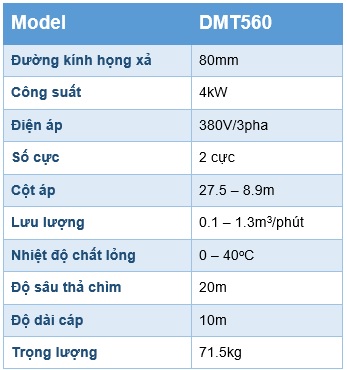 Thông số kỹ thuật bơm chìm nước thải công nghiệp Pentax DMT560