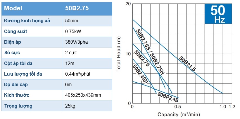 Thông số kỹ thuật máy bơm chìm 50B2.75